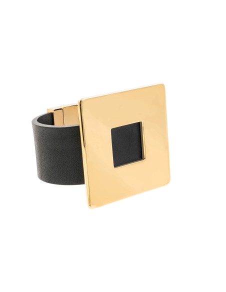 Black women's leather bracelet with a gold-plated square accent and a magnetic gold clasp