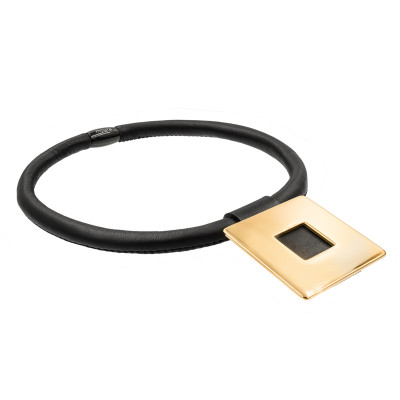 Leather choker necklace with gold square pendant by Moora.