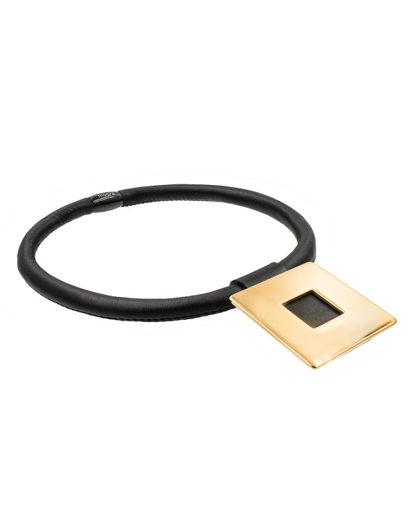 Leather choker necklace with gold square pendant by Moora.