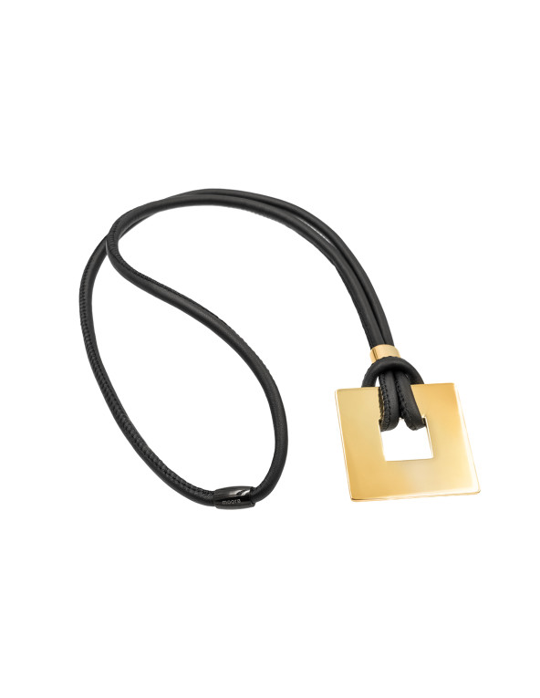 Leather necklace with gold-plated square pendant by Moora.