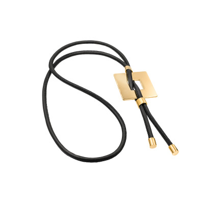 Leather necklace with gold-plated shiny square pendant by Moora.