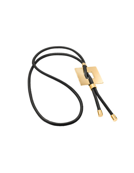 Leather necklace with gold-plated shiny square pendant by Moora.
