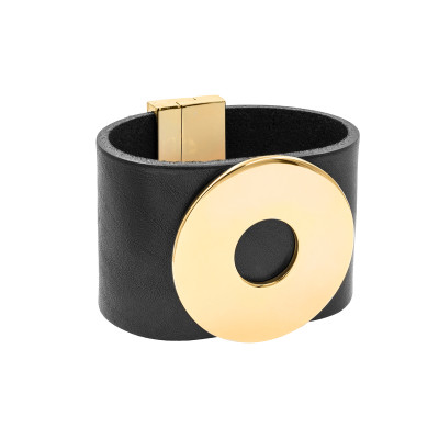 Black leather bracelet with a large, glossy gold-plated stainless steel element