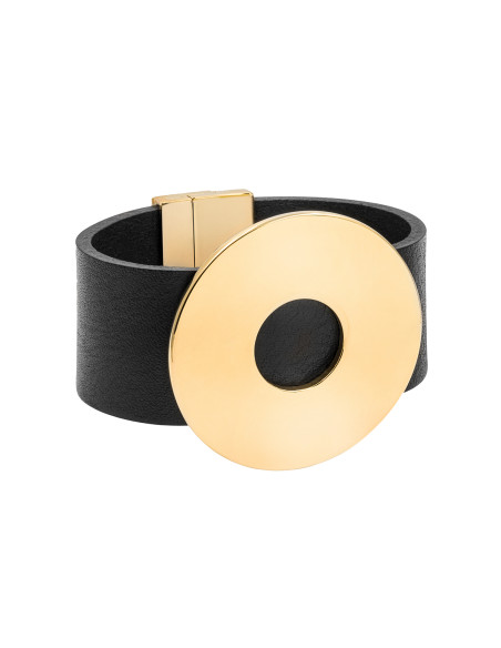 Black leather bracelet with shiny gold-plated steel ring
