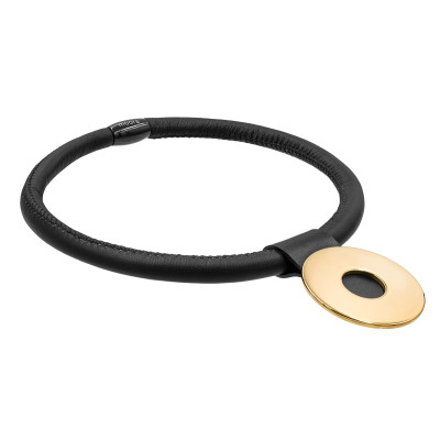Choker necklace in leather and shiny gold - circle