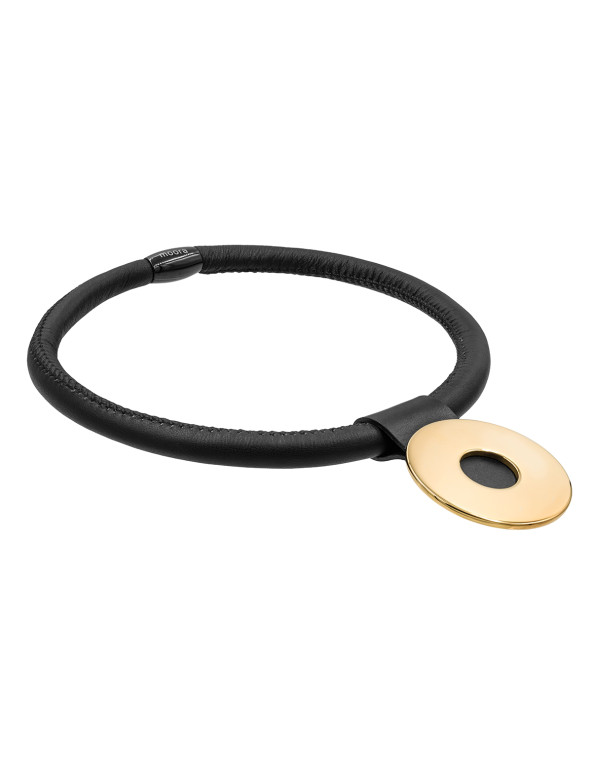 Choker necklace in leather and shiny gold - circle