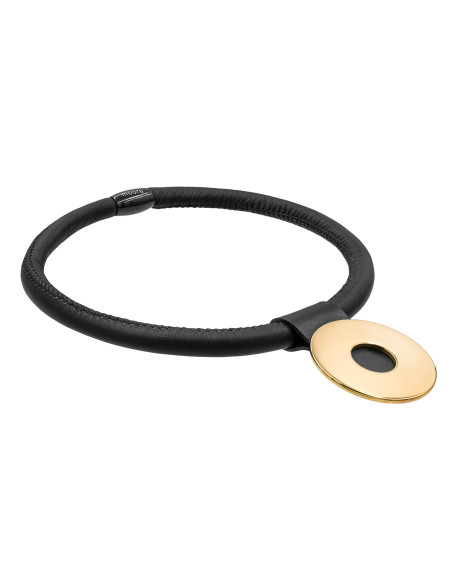 Choker necklace in leather and shiny gold - circle