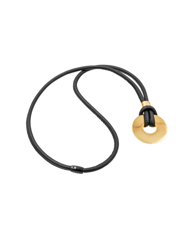 Leather necklace with gold-plated circle pendant by Moora – black cord, gold element.
