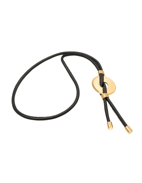 Adjustable black leather necklace with gold-plated circle pendant from Moora.