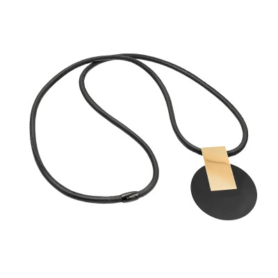 Long black leather necklace with gold-plated pendant and glossy steel elements.