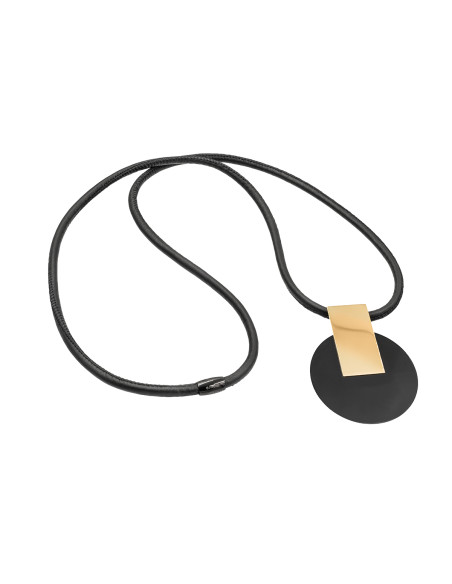 Long black leather necklace with gold-plated pendant and glossy steel elements.