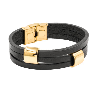 Handcrafted black leather bracelet with gold-plated stainless steel details. Elegant and modern accessory.