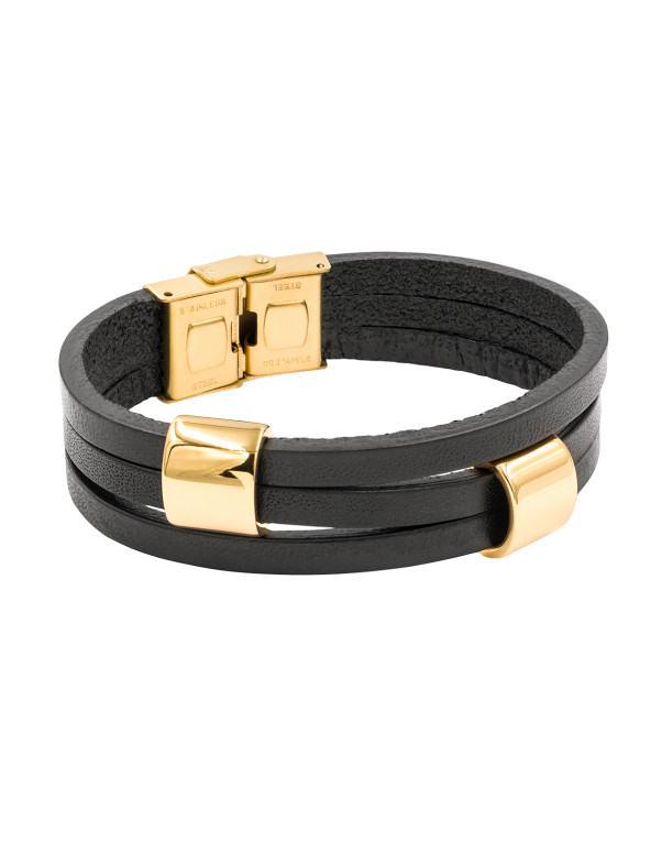 Handcrafted black leather bracelet with gold-plated stainless steel details. Elegant and modern accessory.