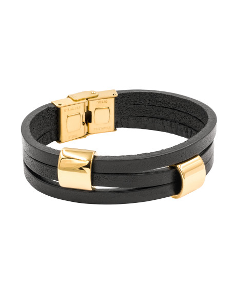 Handcrafted black leather bracelet with gold-plated stainless steel details. Elegant and modern accessory.