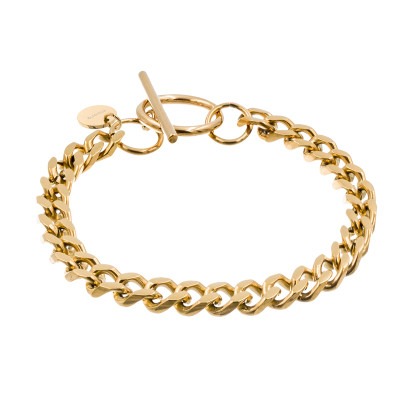 Gold-plated stainless steel curb chain bracelet with 6 mm width.
