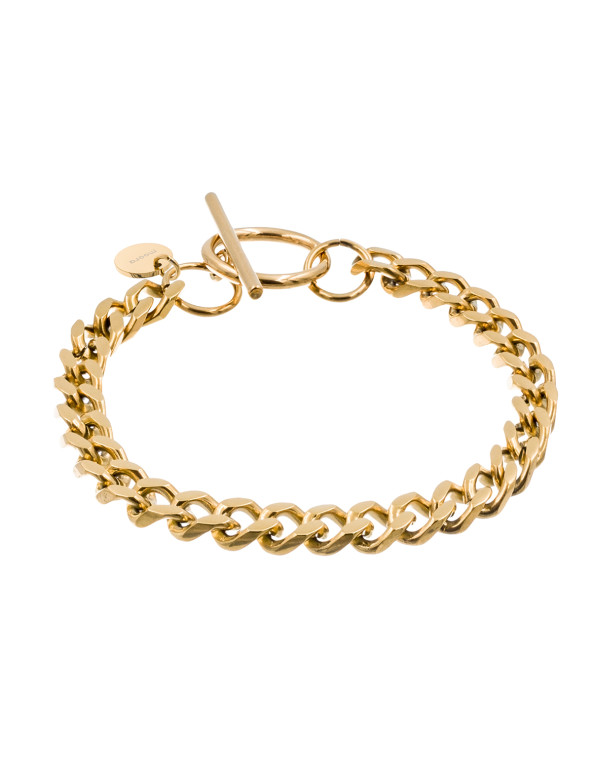 Gold-plated stainless steel curb chain bracelet with 6 mm width.