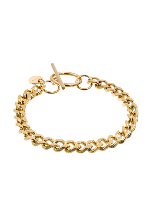 Gold-plated stainless steel curb chain bracelet with 6 mm width.