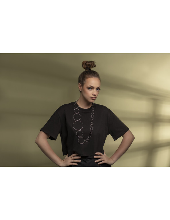 Long silver stainless steel necklace made of interconnected circles