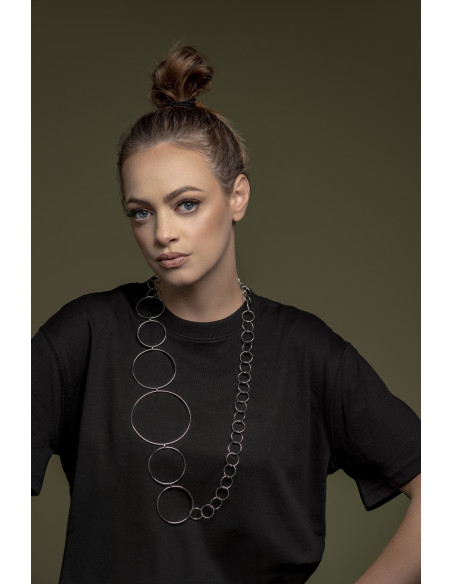 Long silver stainless steel necklace made of interconnected circles