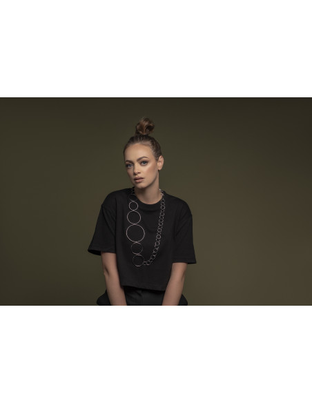 Long silver stainless steel necklace made of interconnected circles