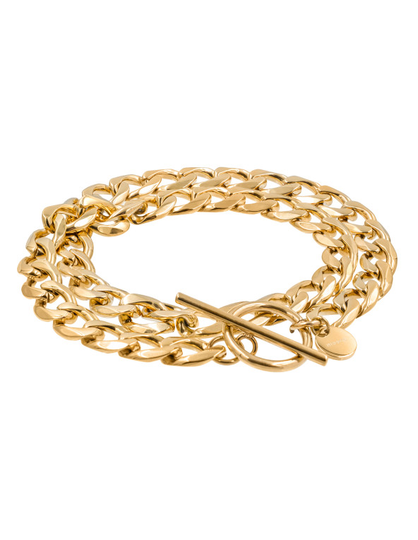 Double wrap gold-plated stainless steel curb chain bracelet with 8 mm width.