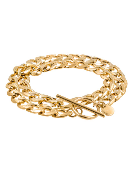 Double wrap gold-plated stainless steel curb chain bracelet with 8 mm width.