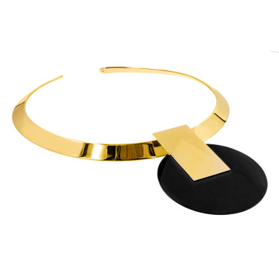 Gold-plated stainless steel choker with decorative pendant in a modern, minimalist style.