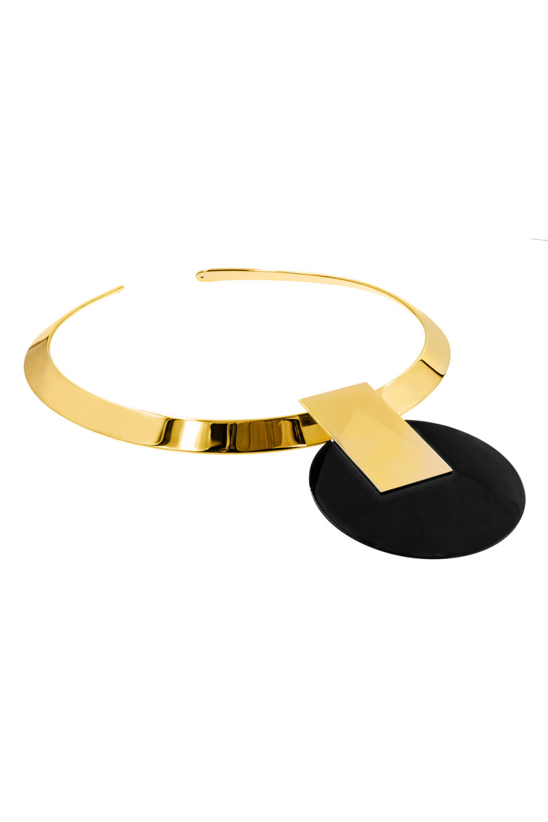 Gold-plated stainless steel choker with decorative pendant in a modern, minimalist style.