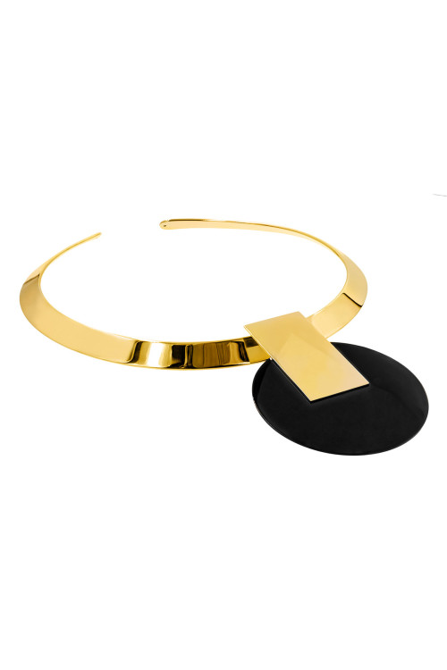 Gold-plated stainless steel choker with decorative pendant in a modern, minimalist style.