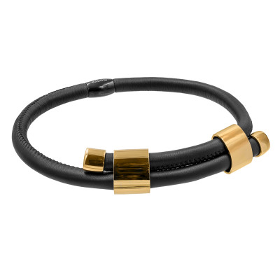 Adjustable black leather choker necklace with glossy gold stainless steel accent.
