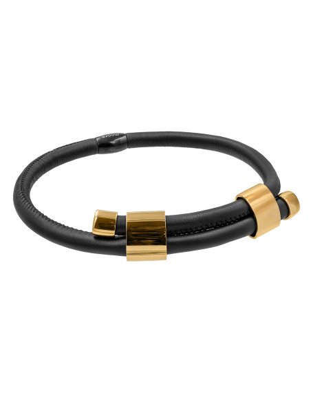 Adjustable black leather choker necklace with glossy gold stainless steel accent.