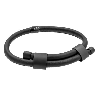 Adjustable black leather choker necklace with matte black stainless steel accent.