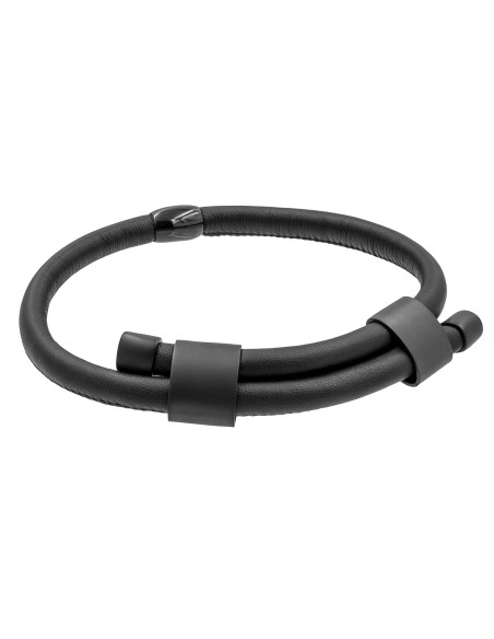 Adjustable black leather choker necklace with matte black stainless steel accent.
