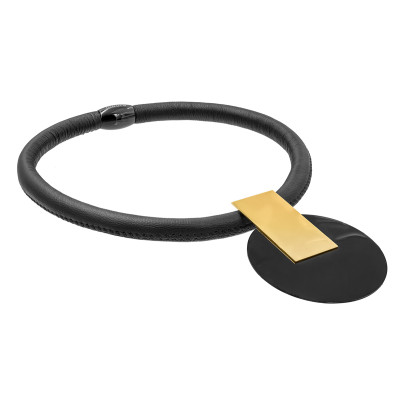 Genuine leather necklace with decorative gold-plated pendant and glossy black steel accents.