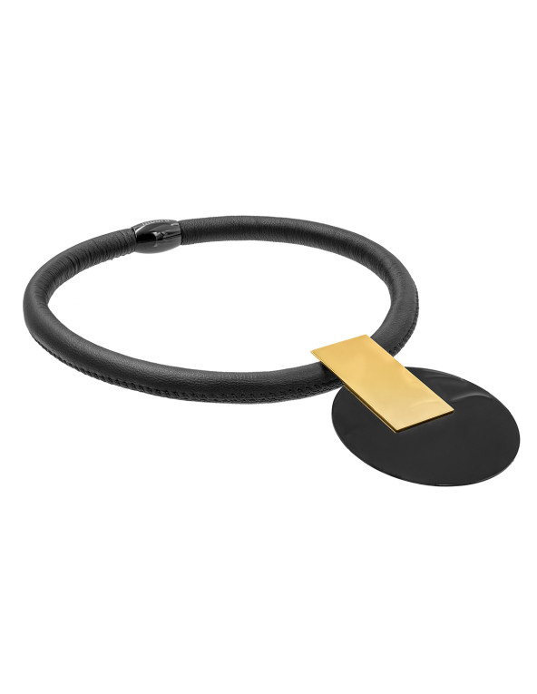 Genuine leather necklace with decorative gold-plated pendant and glossy black steel accents.