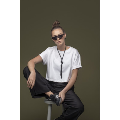 Minimalist black leather and stainless steel necklace in matte finish 2