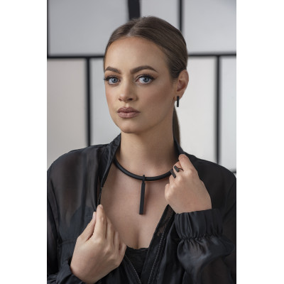 Black rubber necklace with rectangular matte black stainless steel accent. 2