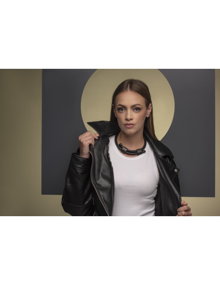 Adjustable black leather choker necklace with matte black stainless steel accent.