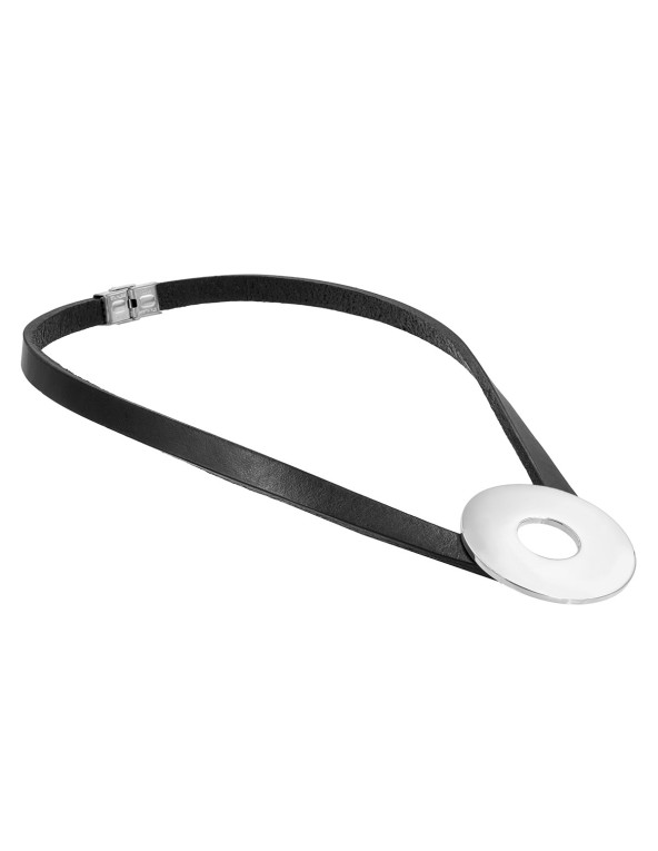 Black leather necklace with large shiny silver stainless steel circle pendant.