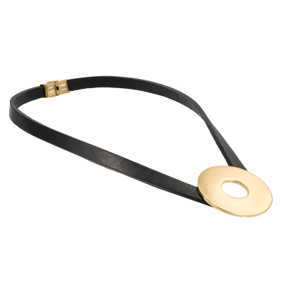 Black leather necklace with large shiny gold-plated stainless steel circular pendant.