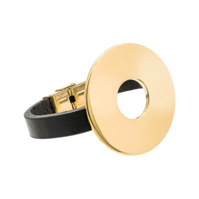 Black leather bracelet with a large, polished gold-plated stainless steel element