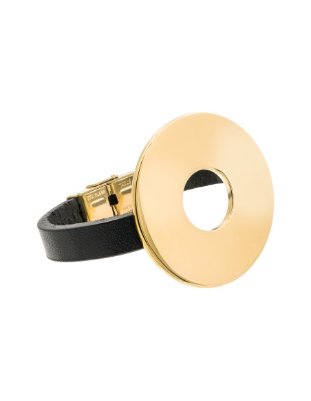 Black leather bracelet with a large, polished gold-plated stainless steel element