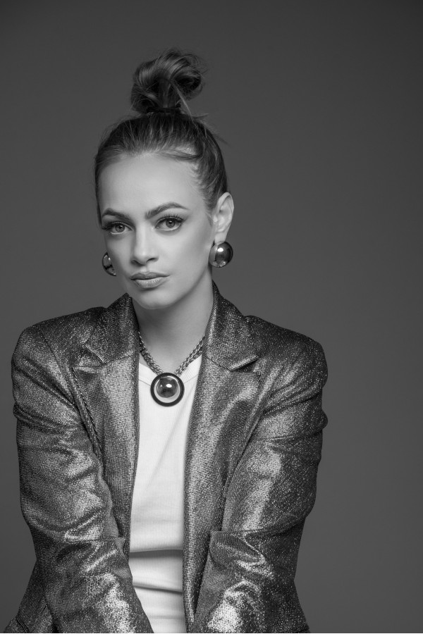 Silver stainless steel double-chain necklace with decorative half-sphere pendant. 2