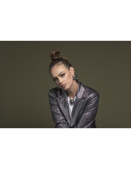 Silver stainless steel double-chain necklace with decorative half-sphere pendant.