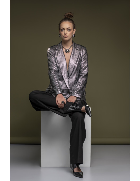 Silver stainless steel double-chain necklace with decorative half-sphere pendant.