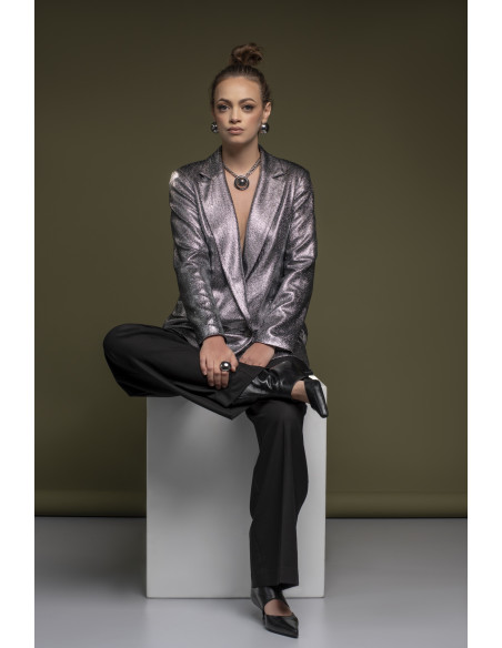 Silver stainless steel double-chain necklace with decorative half-sphere pendant.