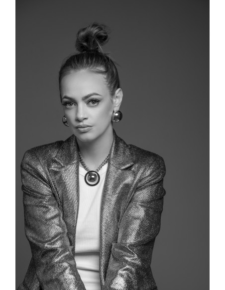 Gold-plated stainless steel double-chain necklace with decorative half-sphere pendant.