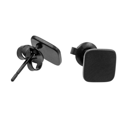 Matte black stainless steel square earrings with minimalist geometric design.