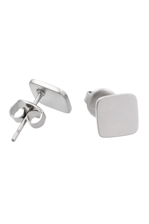 Satin-finish stainless steel square earrings with minimalist design.