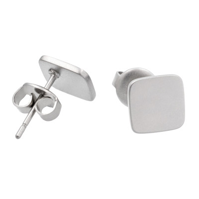 Satin-finish stainless steel square earrings with minimalist design.